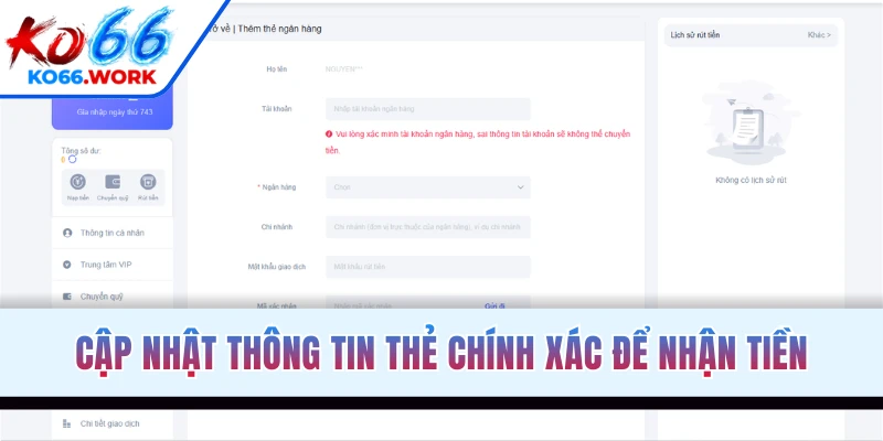 Cập nhật thông tin thẻ chính xác để nhận tiền